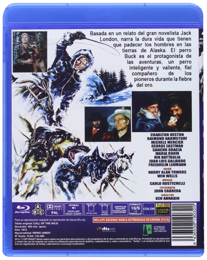 Contraportada del Blu-ray 'La llamada de la selva' con escenas, texto y créditos.