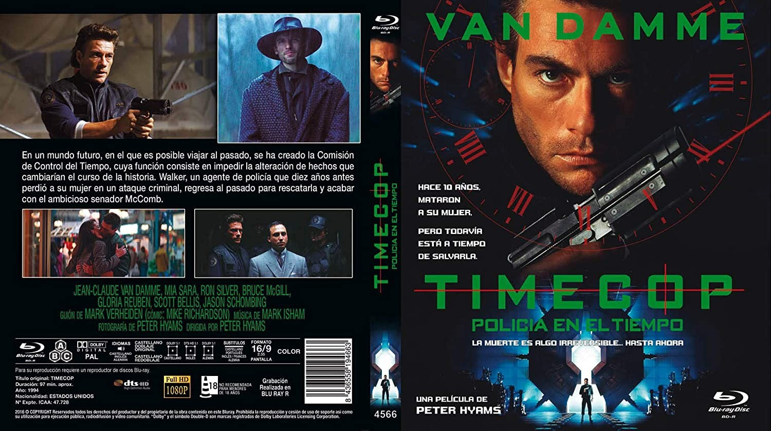 Carátula de Blu-ray de Timecop con Jean-Claude Van Damme, relojes, armas y escenas de la película.