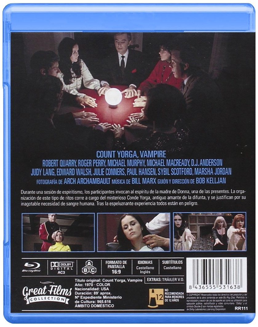Contraportada del Blu-ray Count Yorga, Vampire con una escena de espiritismo, tres fotogramas y sinopsis.
