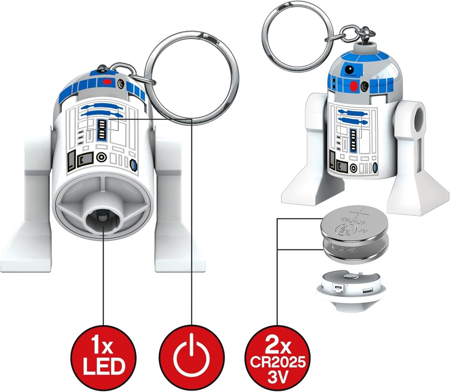 Llavero de R2-D2 con luz LED y pilas CR2025 reemplazables.