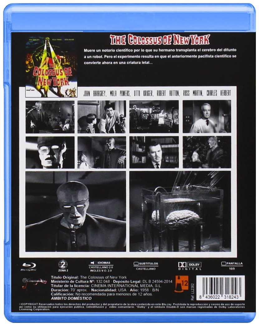 Contraportada del Blu-ray de The Colossus of New York con fotogramas, sinopsis y reparto en blanco y negro.