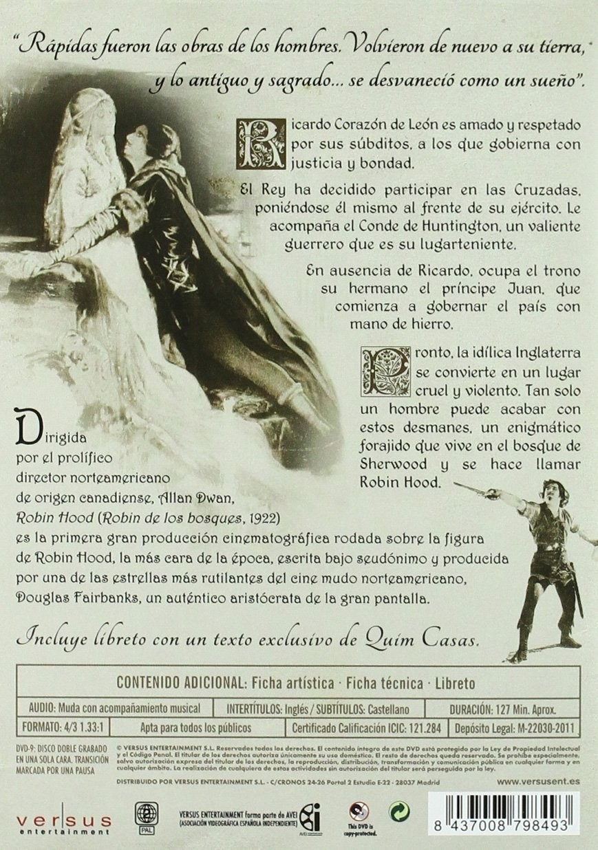 Contraportada de DVD de Robin Hood, 1922, con fotogramas, sinopsis y detalles técnicos.