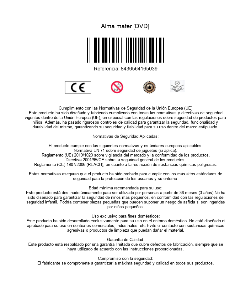 Pagina de informacion del DVD Alma mater con codigo de barras, numero de referencia, logotipos de conformidad y texto.