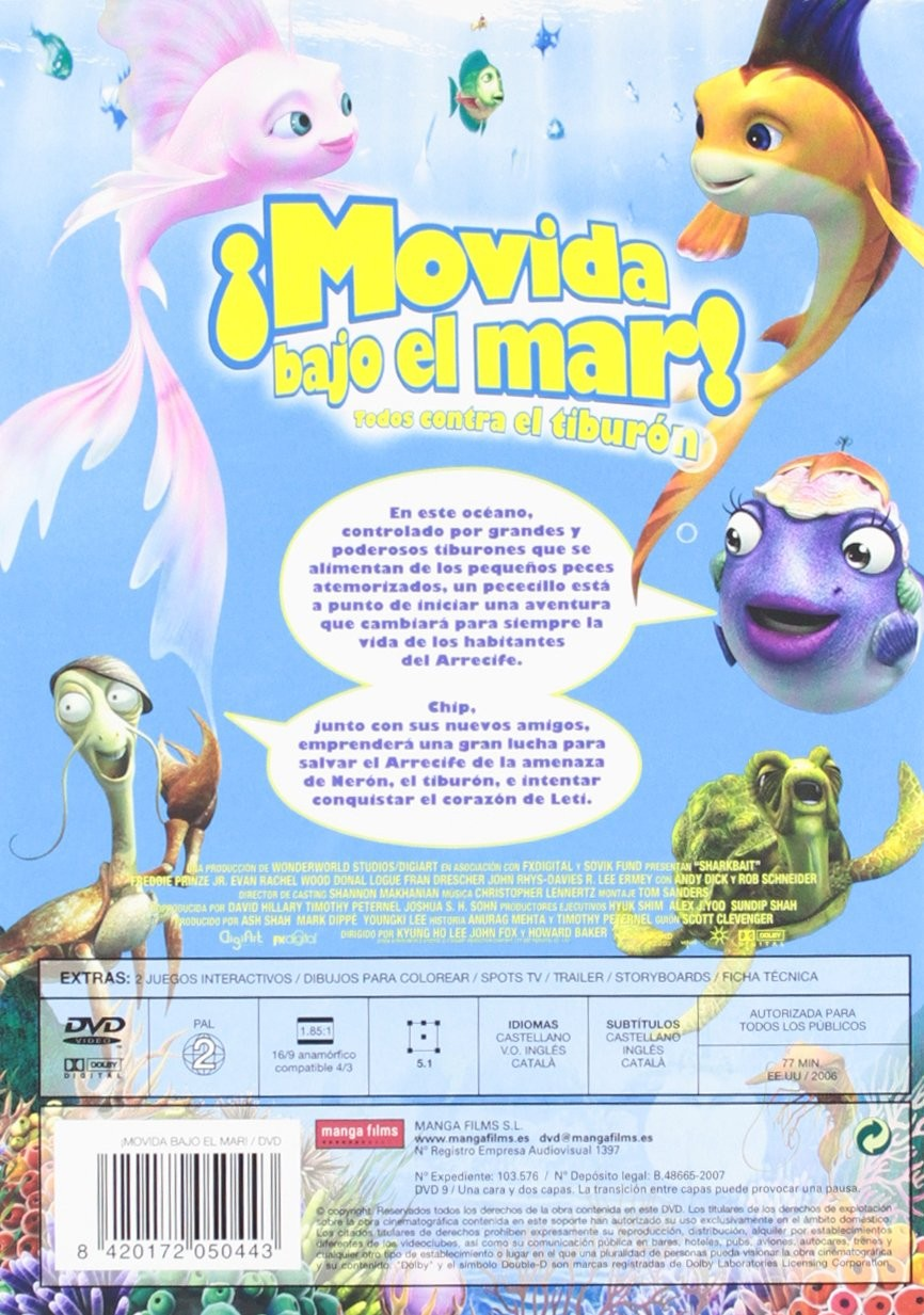 Caratula de DVD de Movida bajo el mar con personajes marinos animados, textos y codigo de barras.