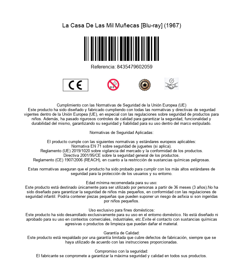 Informacion del producto con codigo de barras, marca CE, detalles de seguridad y garantia.