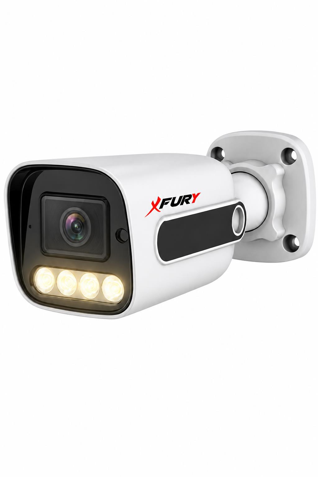 Beyaz arka planda XFURY logolu ve yanan dört LED'li beyaz güvenlik kamerası.
