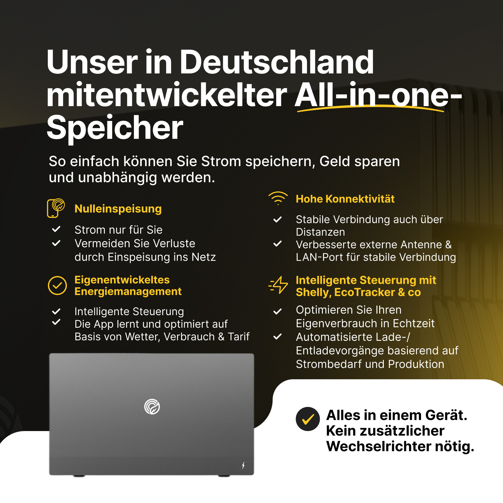 Werbegrafik für einen Energiespeicher mit deutscher Entwicklung, Eigenschaften und schwarzem Gerätedesign.