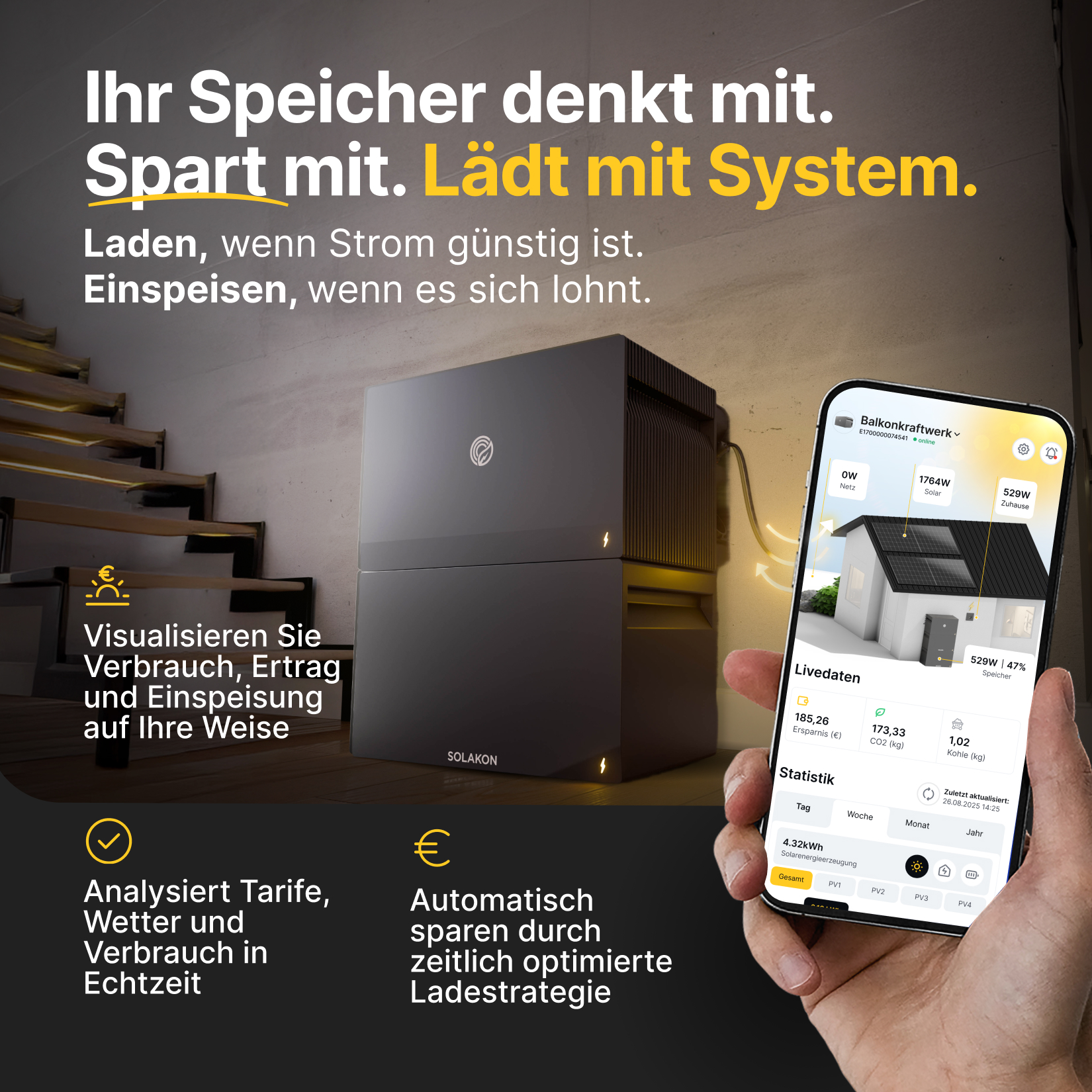 Ein Solakon-Energiespeicher und eine Smartphone-App zeigen Echtzeitdaten zu Stromverbrauch und Solarertrag.
