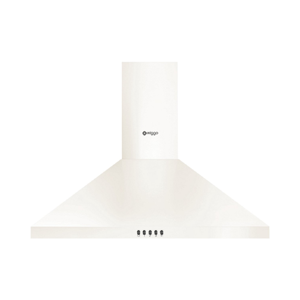 A white kitchen range hood featuring a rectangular chimney and push buttons at the bottom.