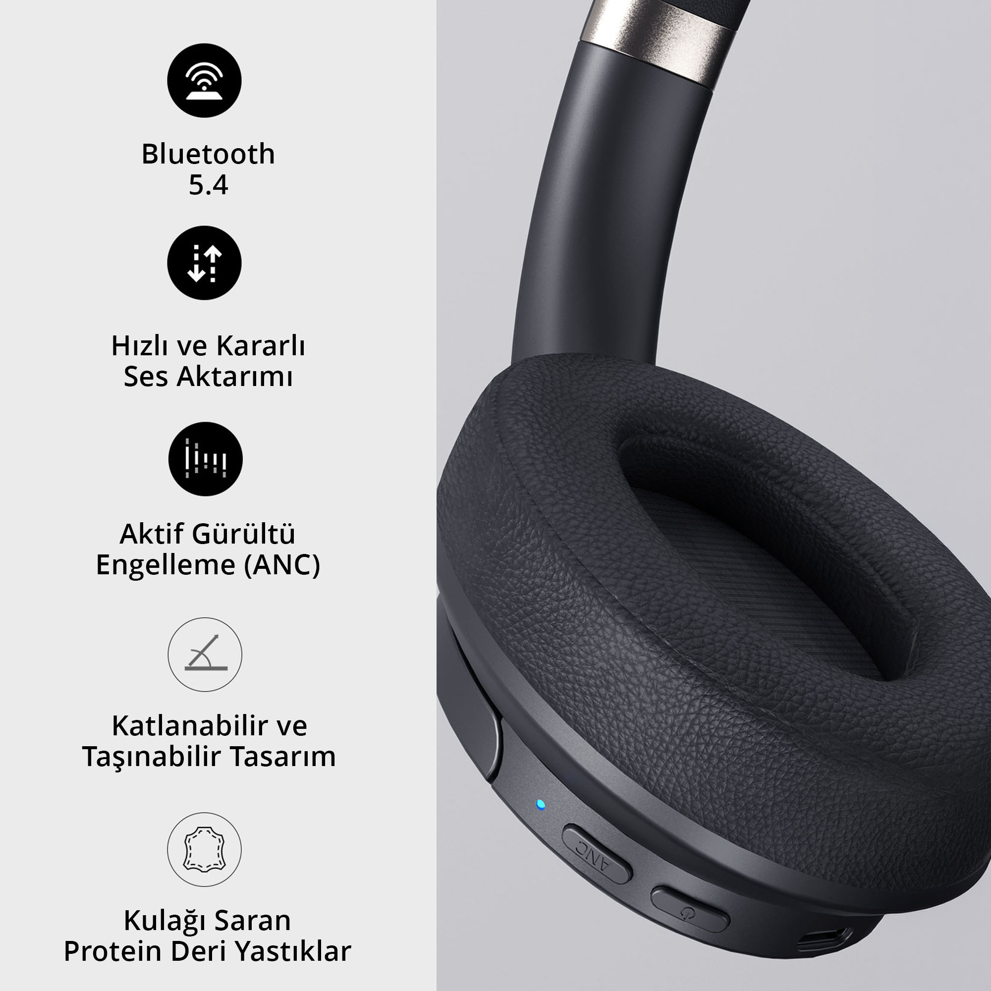 Gri arka planda Bluetooth 5.4, ANC ve özellik simgeleri olan siyah kulak üstü kulaklık.