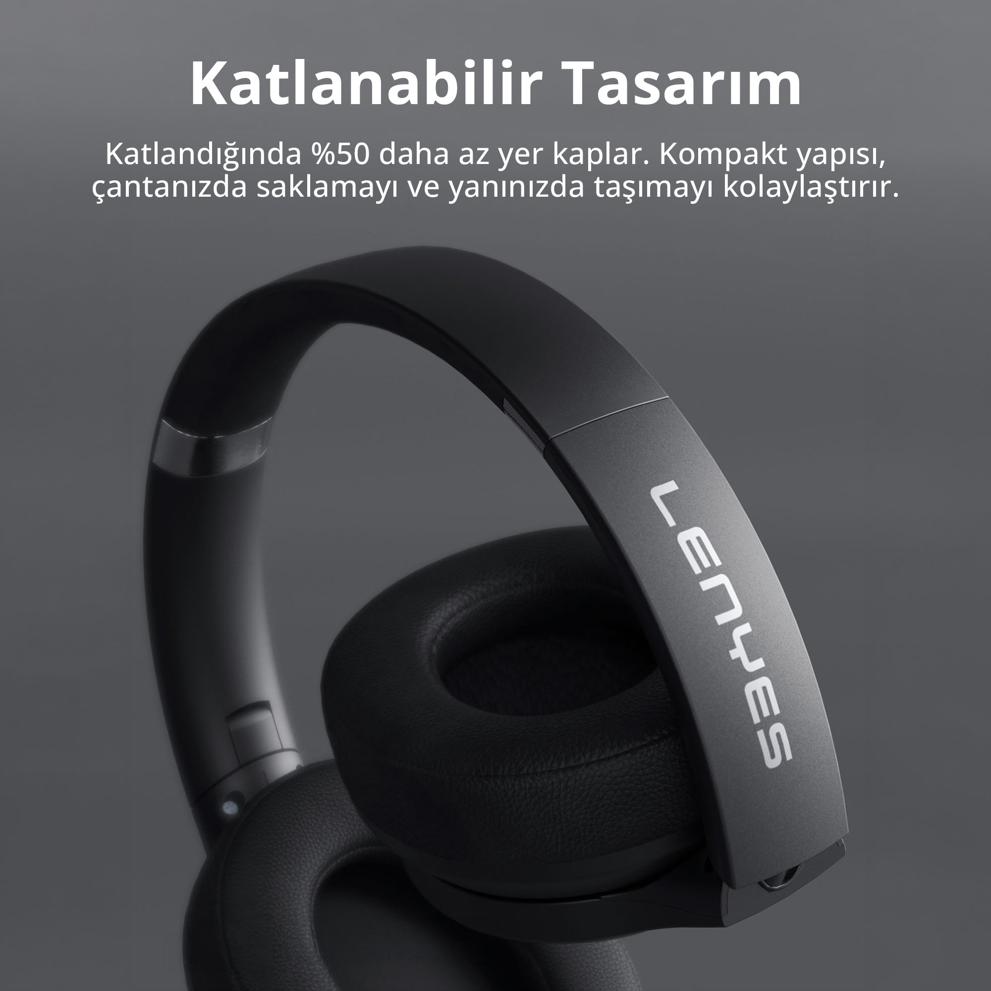 Gri arka planda LENYES markalı, Türkçe tanıtım metni içeren siyah katlanabilir kablosuz kulaklık.