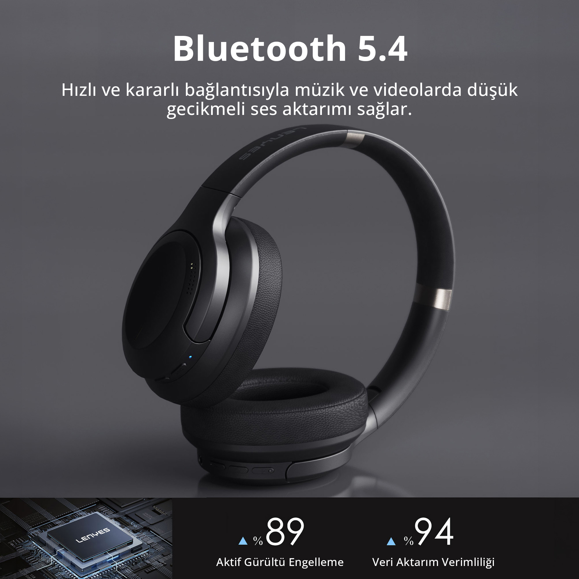 Bluetooth 5.4, aktif gürültü engelleme ve yüksek veri aktarım verimliliğine sahip siyah kablosuz kulaklık.
