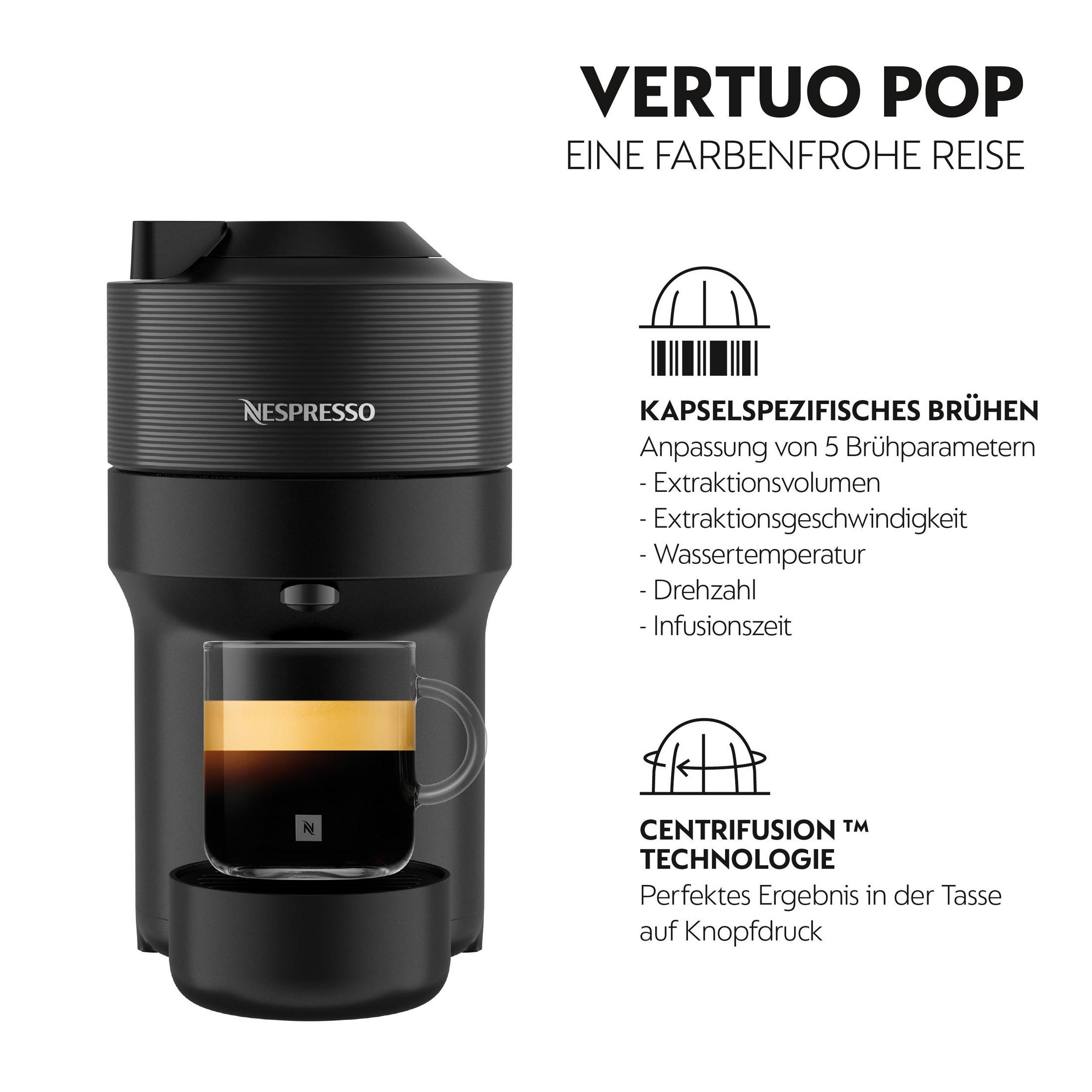 Macchina da caffè nera Nespresso Vertuo Pop con tazza e infografica in tedesco sulla tecnologia delle capsule.