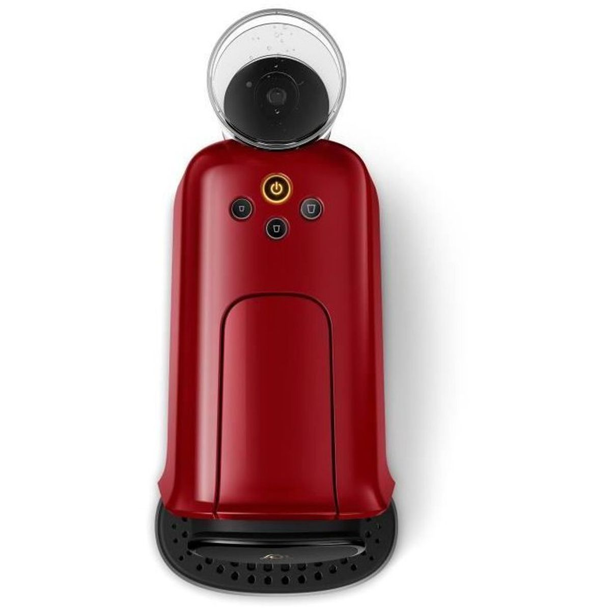 A red coffee machine with black accents and a round control panel, set against a white background.