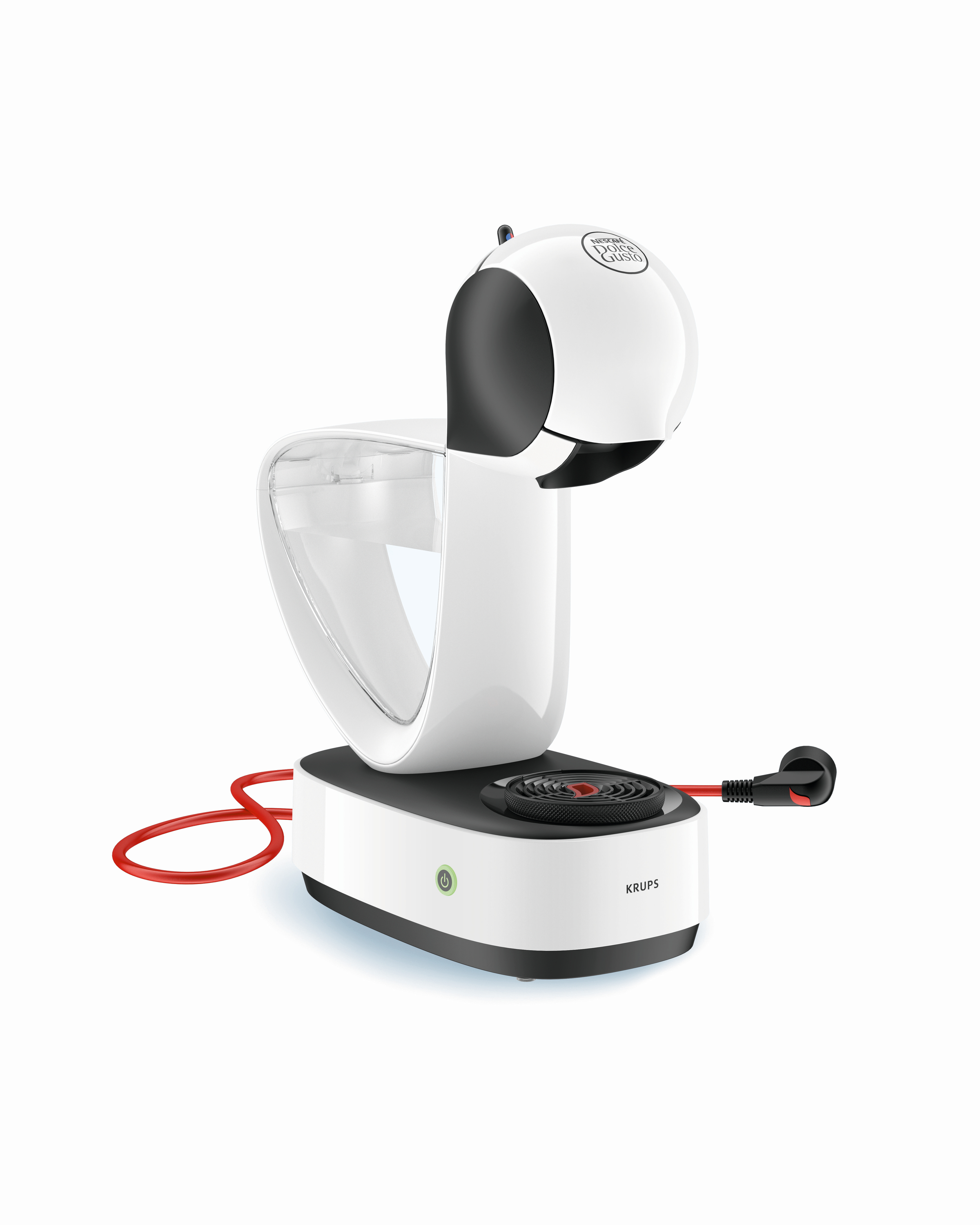 Eine moderne weiß-schwarze Krups Dolce Gusto Kaffeemaschine mit rotem Stromkabel vor weißem Hintergrund.