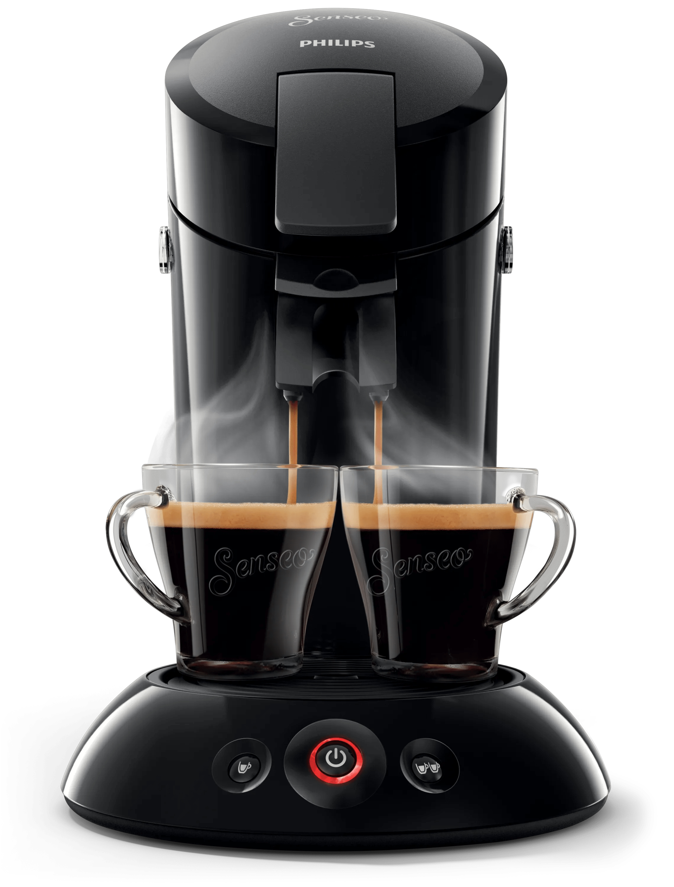 Eine schwarze Philips Senseo Kaffeemaschine brüht Kaffee in zwei gläserne Tassen mit Dampf.