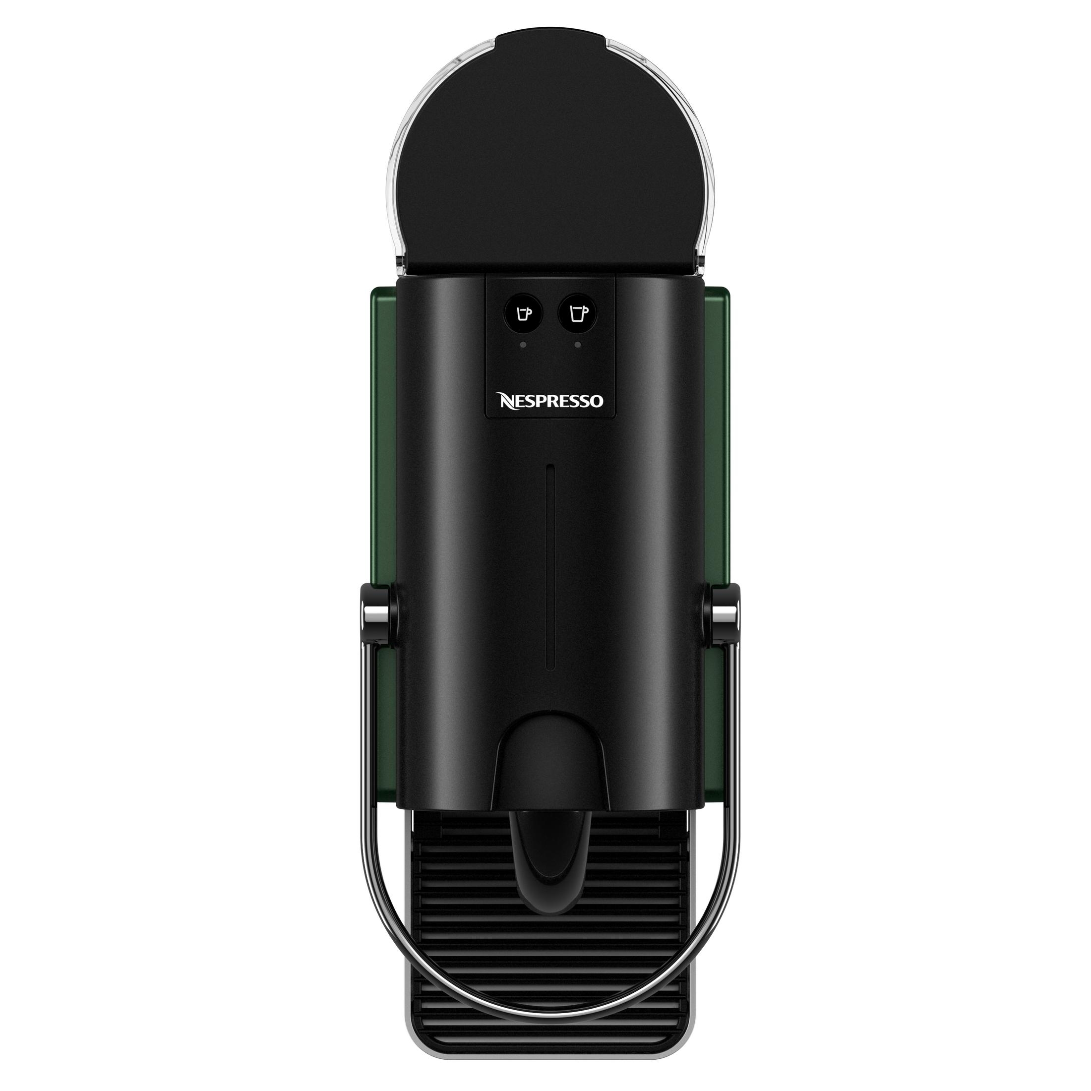 Una cafetera Nespresso negra con detalles verdes vista desde el frente.