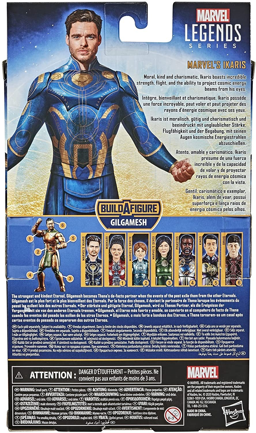 Opakowanie figurki Marvel Legends Ikaris z biografią, innymi figurkami i ostrzeżeniami.