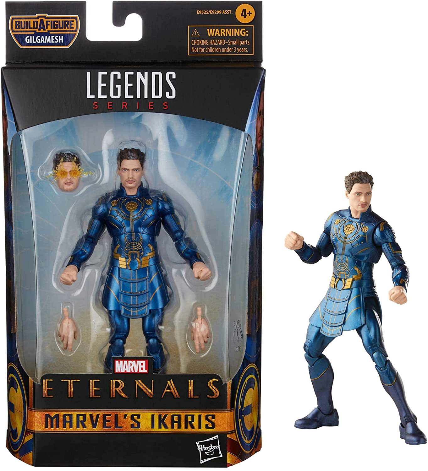 Figurka akcji Ikaris z Marvel Legends w niebieskiej zbroi w opakowaniu, stojąca obok.