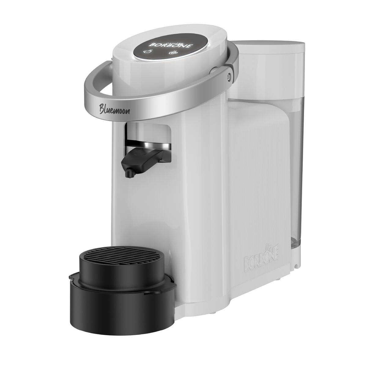 Eine weiße Kaffeemaschine mit silbernem Griff, schwarzem Sockel und Wassertank.
