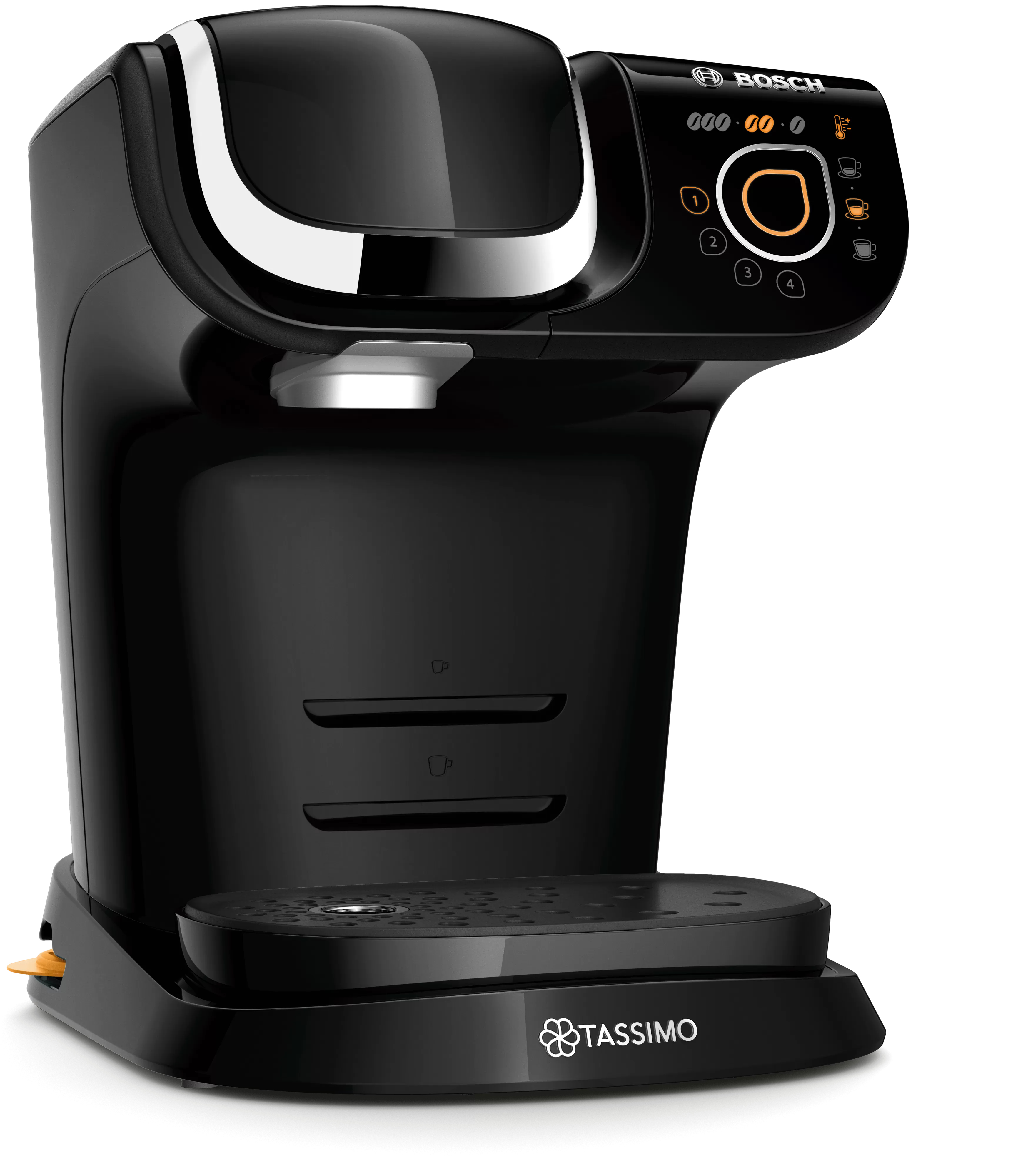 Una cafetera Bosch Tassimo negra con diseño elegante, luces de control naranjas y bandeja goteo sobre fondo blanco.