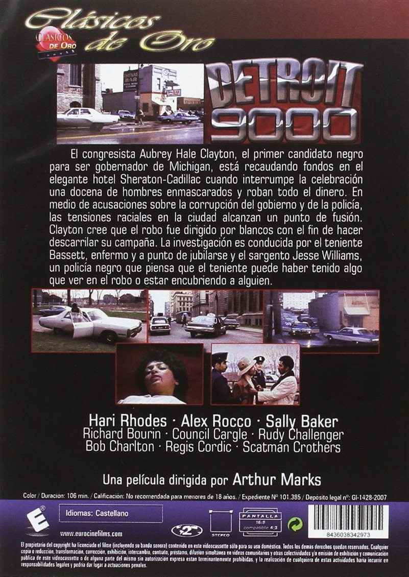 Contraportada del DVD de Detroit 9000 con fotogramas, sinopsis en español, reparto y detalles técnicos.