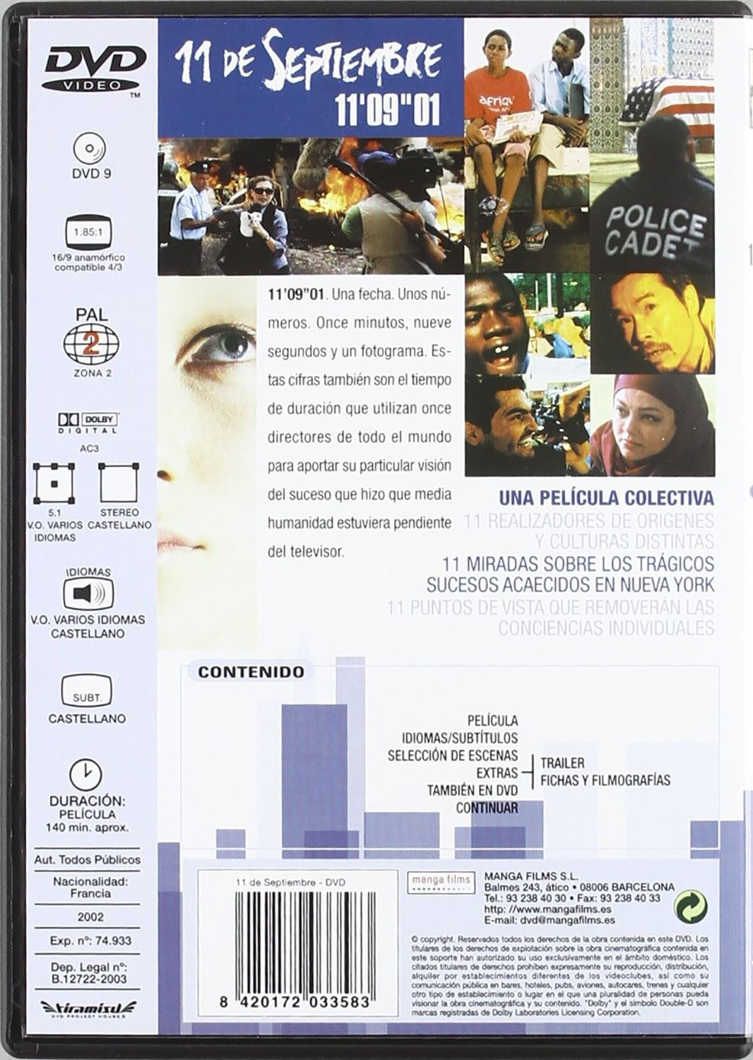 Contraportada de DVD de 11'09"01 con fotogramas, texto descriptivo y especificaciones técnicas en blanco y azul.
