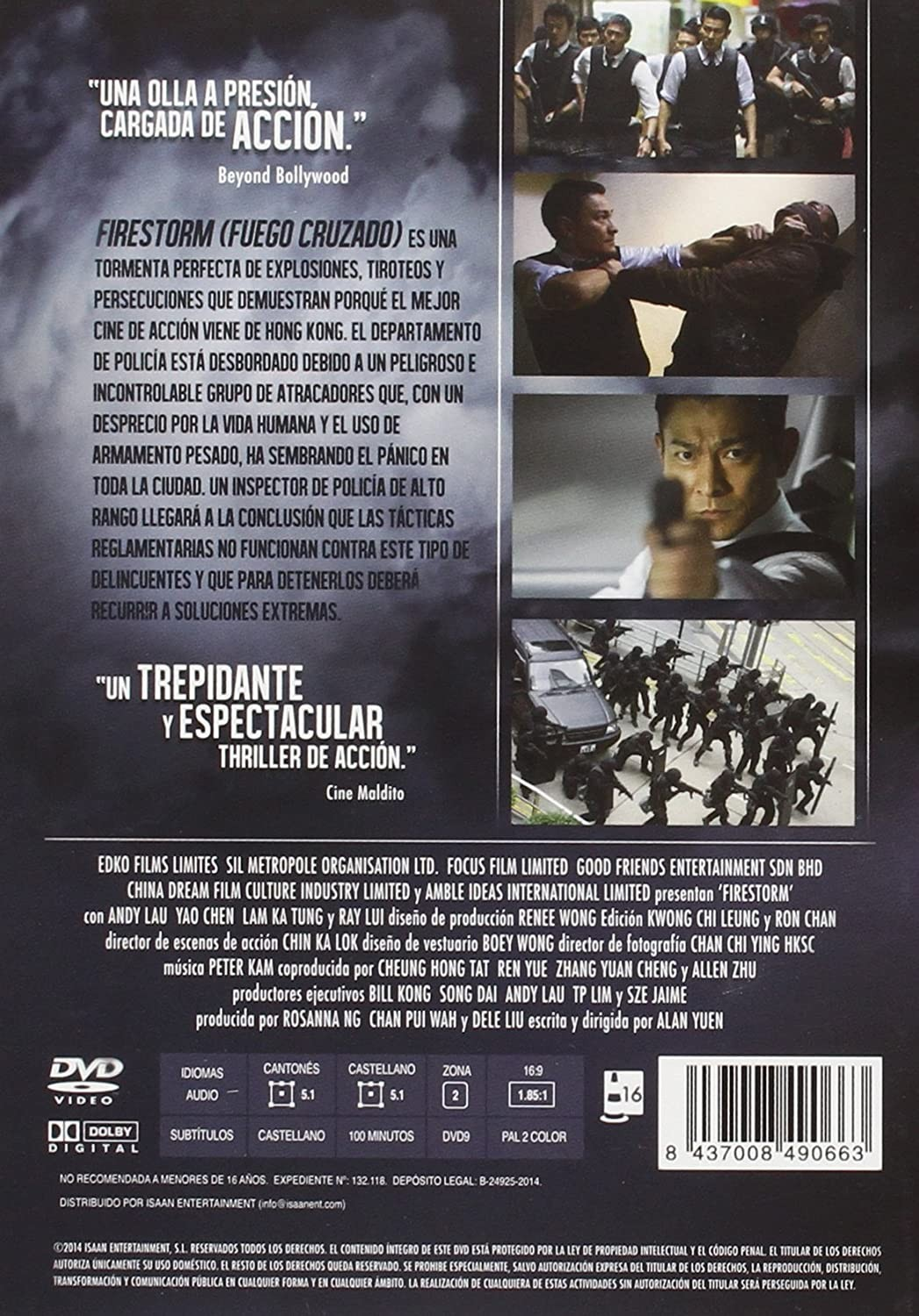 Contraportada del DVD de Firestorm con texto, fotos de policías armados y Andy Lau.