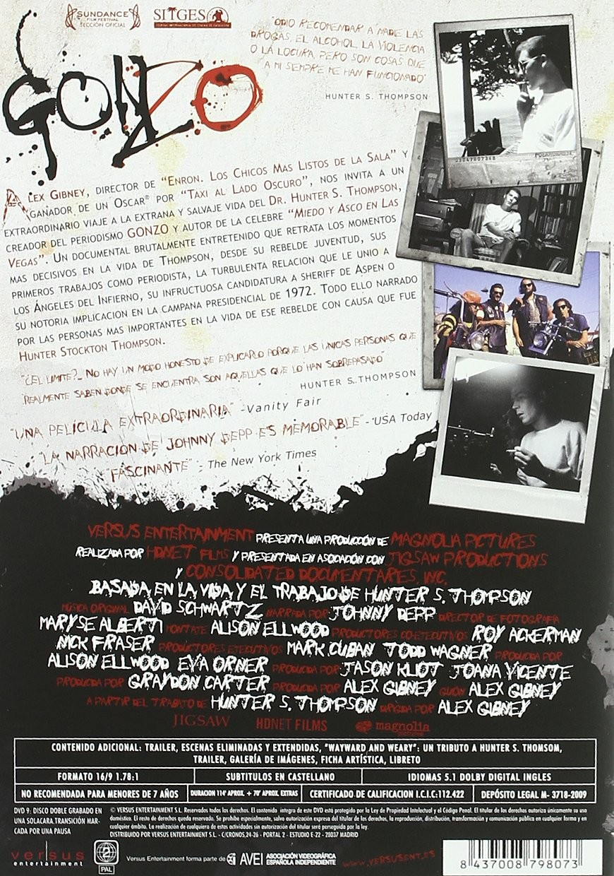 Cartel de la película documental Gonzo sobre Hunter S. Thompson con texto y polaroids.
