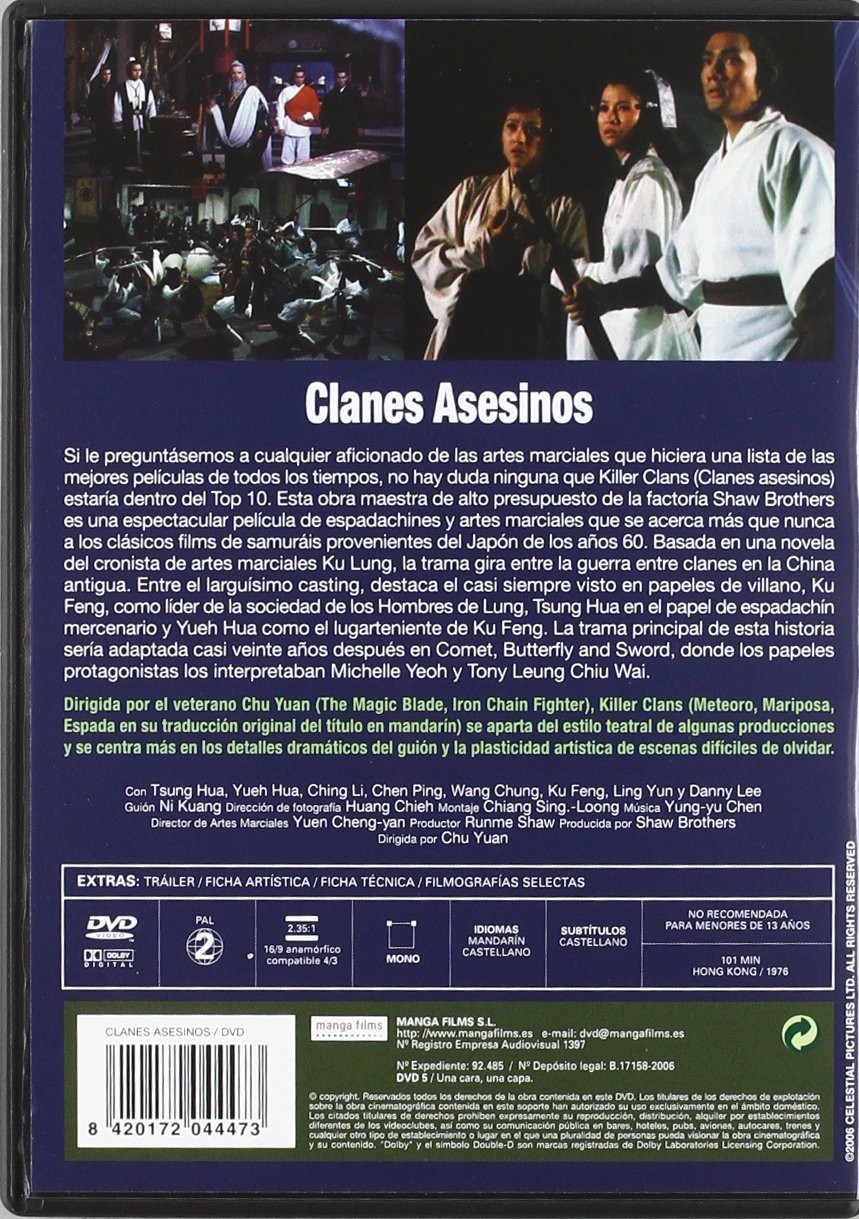 Contraportada de un DVD de Clanes Asesinos con imágenes, texto y detalles técnicos.