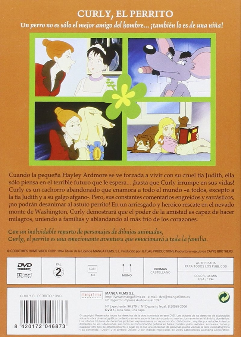 Contraportada de DVD con personajes de dibujos animados y texto en español sobre un perro.