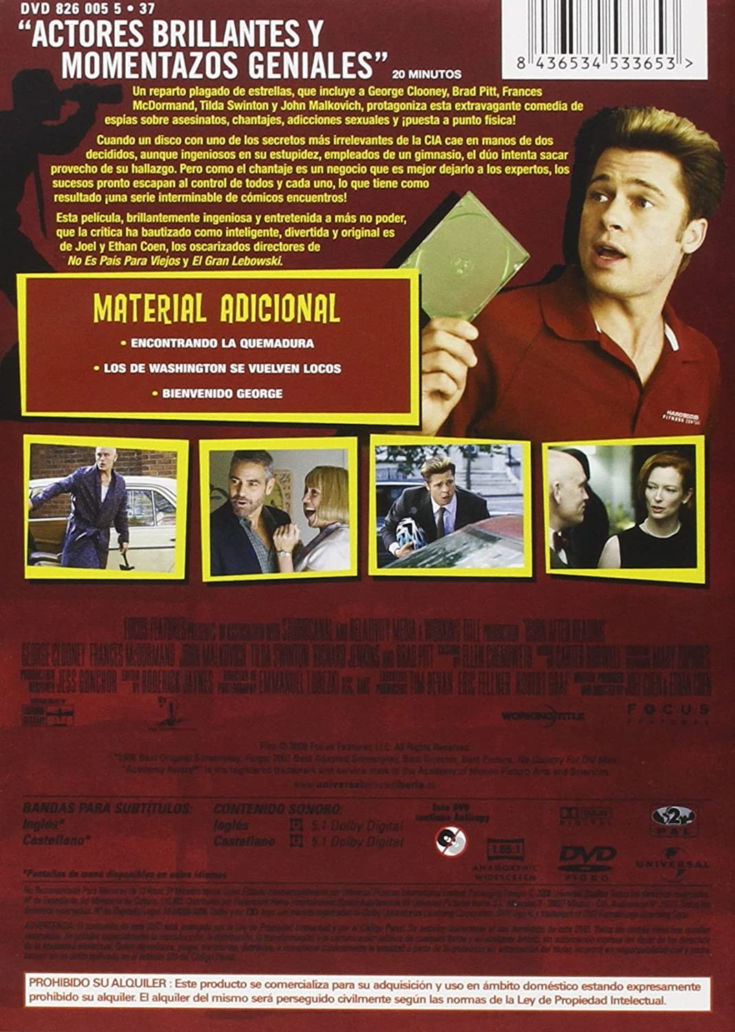 Contraportada del DVD de Burn After Reading con Brad Pitt, texto y fotos.