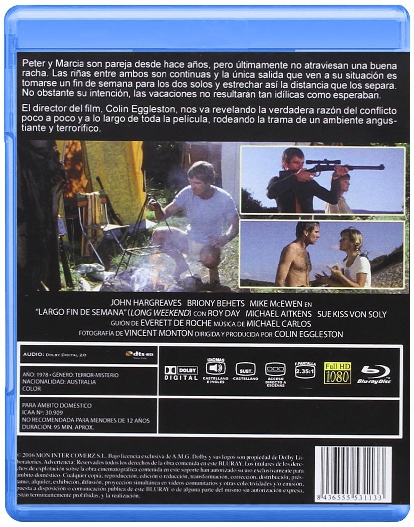 Contraportada de un estuche de Blu-ray de la película Long Weekend con fotogramas, sinopsis y detalles técnicos.