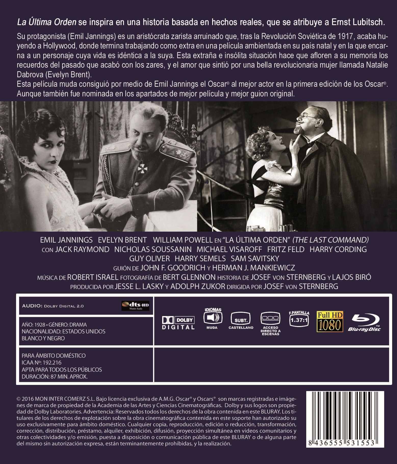 Contraportada del Blu-ray de La última orden con sinopsis, fotogramas, reparto e información técnica.
