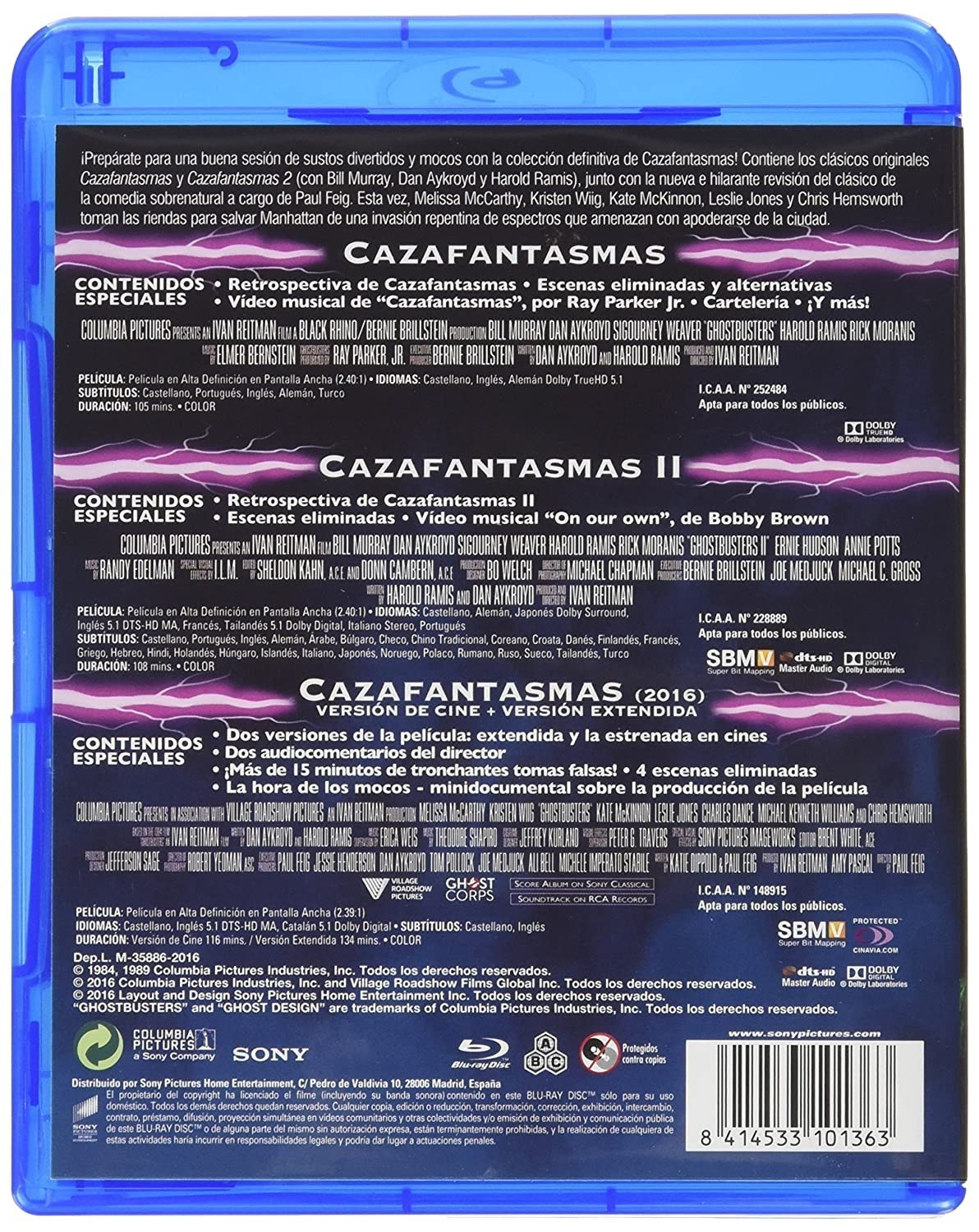 Contraportada de un estuche de Blu-ray de Ghostbusters con texto y detalles de tres películas.
