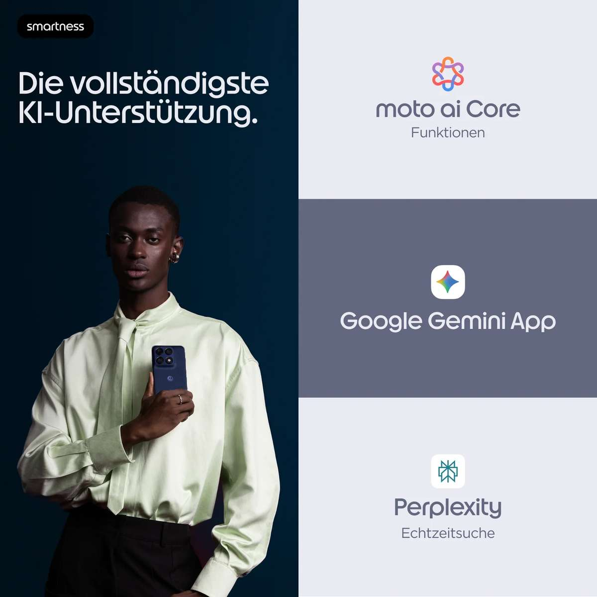 Ein Mann hält ein Smartphone, neben Logos für moto ai Core, Google Gemini und Perplexity.