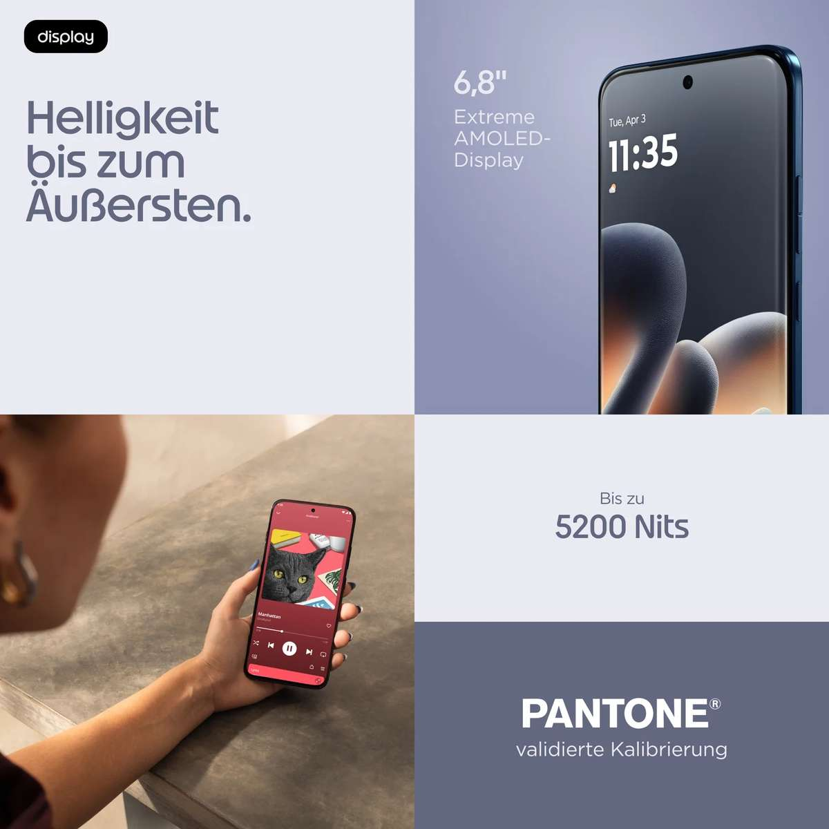 Smartphone-Anzeige mit 6,8-Zoll-AMOLED-Display, Pantone-Farbvalidierung und bis zu 5200 Nits Helligkeit.