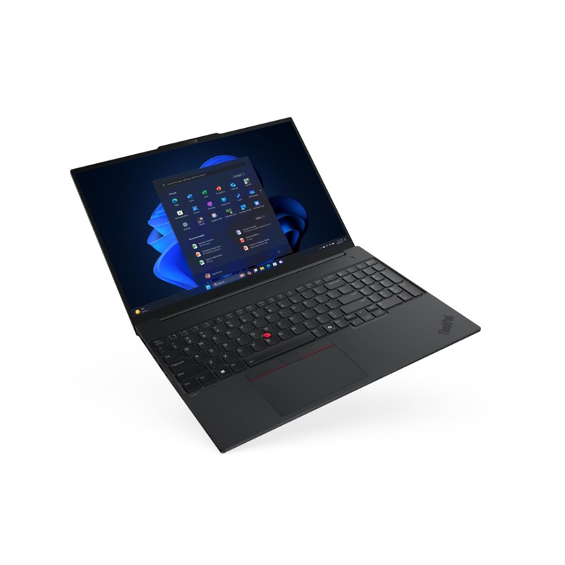 Beyaz arka planda duran siyah bir dizüstü bilgisayar Windows başlat menüsünü gösteriyor.