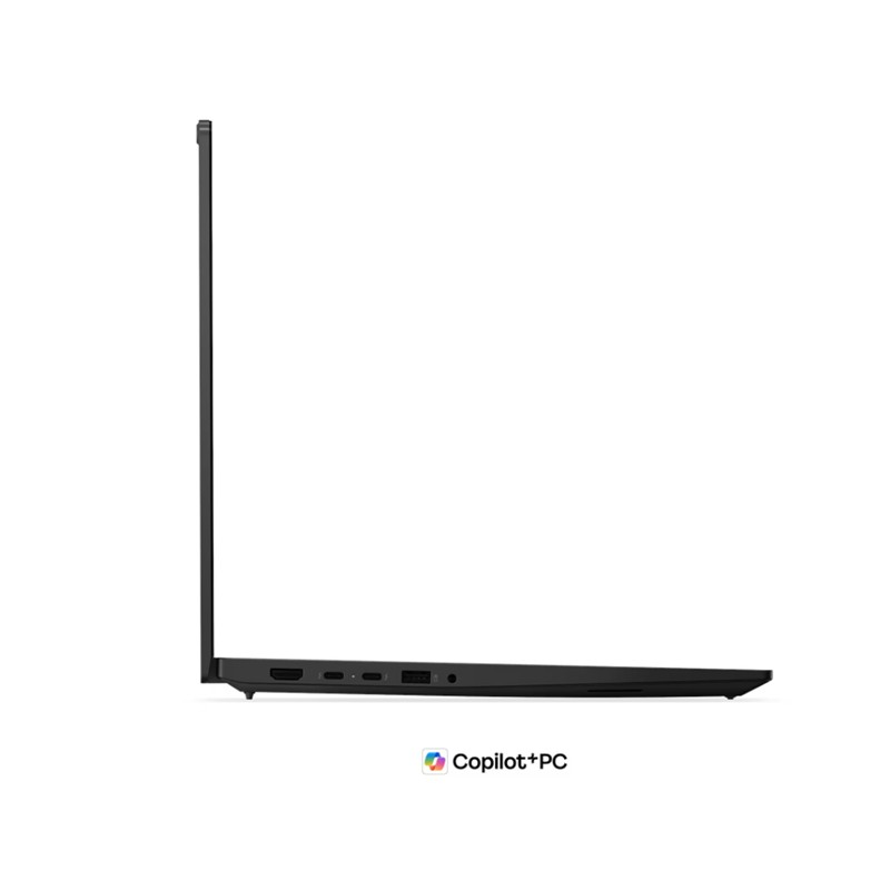 Bağlantı noktaları ve Copilot+PC logosu görünen siyah dizüstü bilgisayarın yan görünümü.