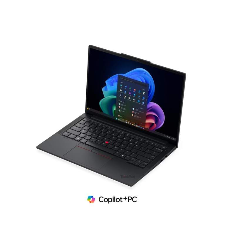 Renkli bir masaüstü arka planına sahip siyah ThinkPad dizüstü bilgisayar, altında Copilot+PC yazıyor.