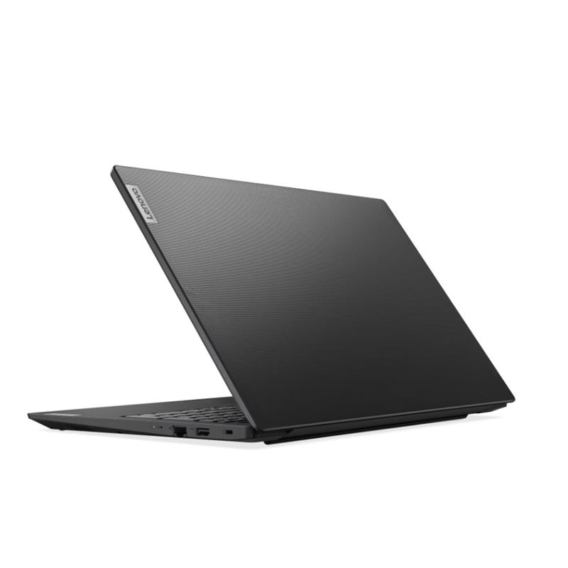 Beyaz arka planda sağ arka açıdan gösterilen siyah bir Lenovo dizüstü bilgisayar.