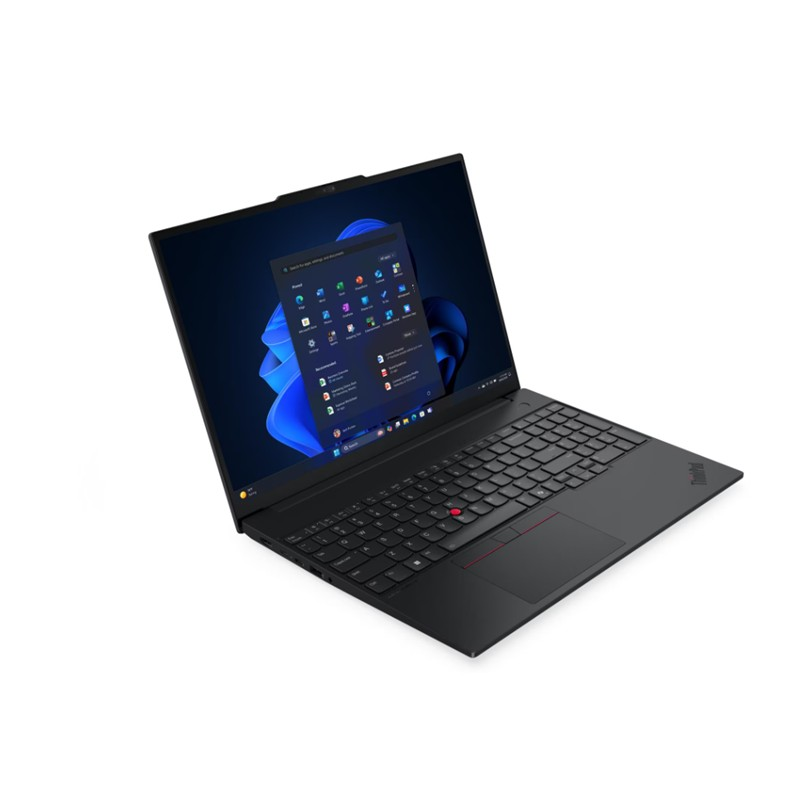 Mavi Windows masaüstünü gösteren açık ekrana sahip siyah bir dizüstü bilgisayar, beyaz arka planda.