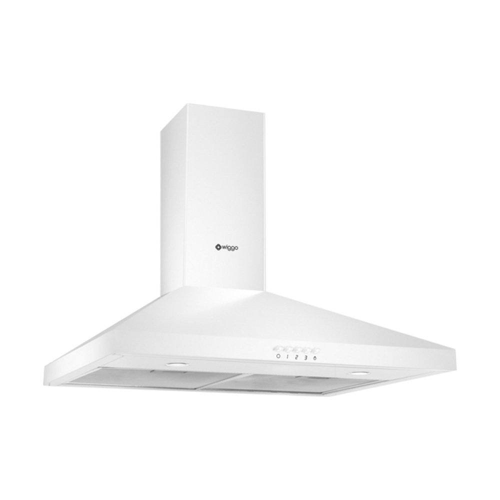 A modern white range hood with a rectangular chimney, control buttons, and LED lights against a white background.