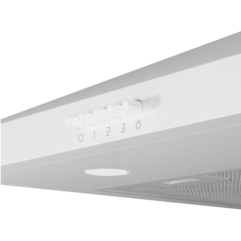 Close-up of buttons and a light on a silver range hood.