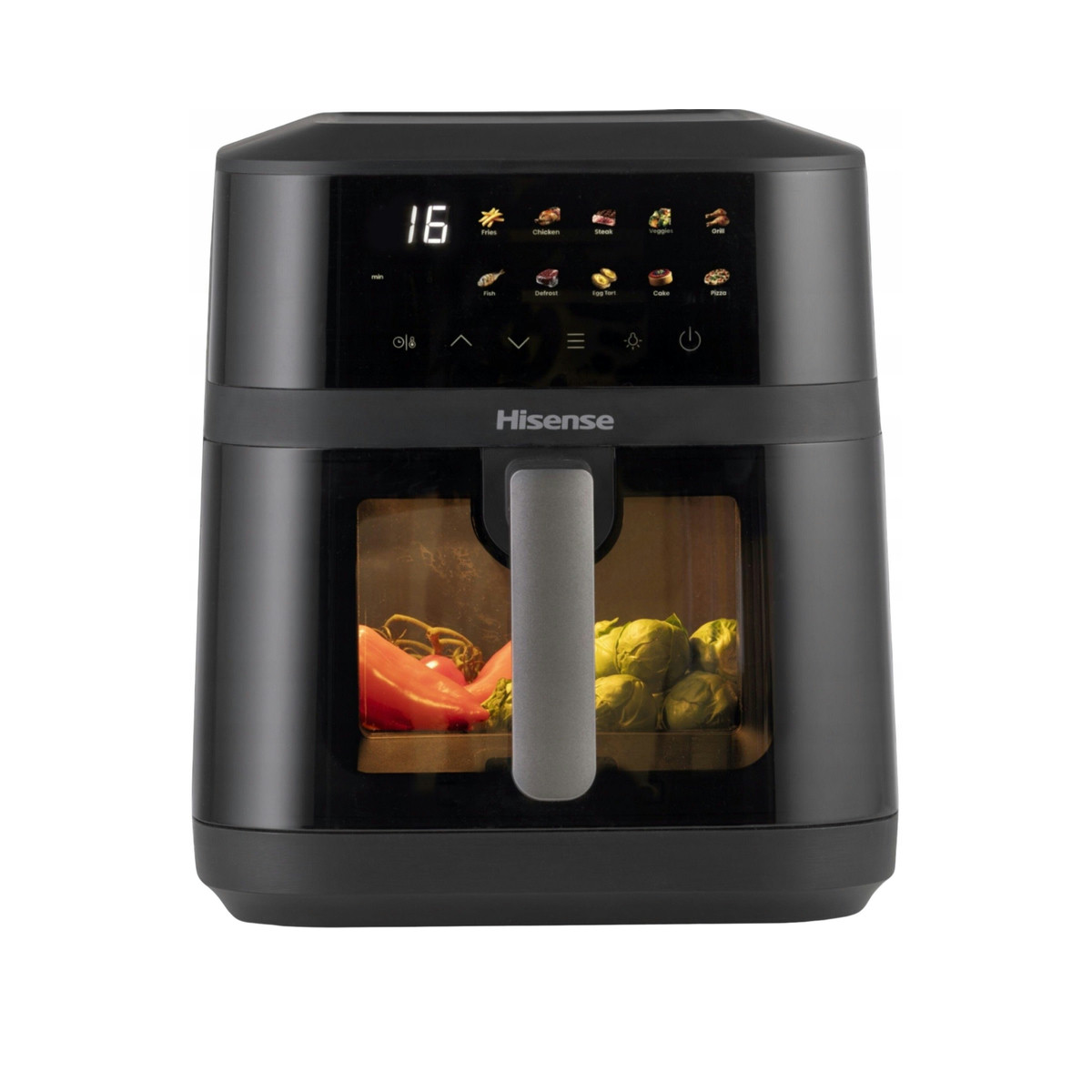 Friggitrice ad aria Hisense nera con display digitale e verdure visibili attraverso il vetro.
