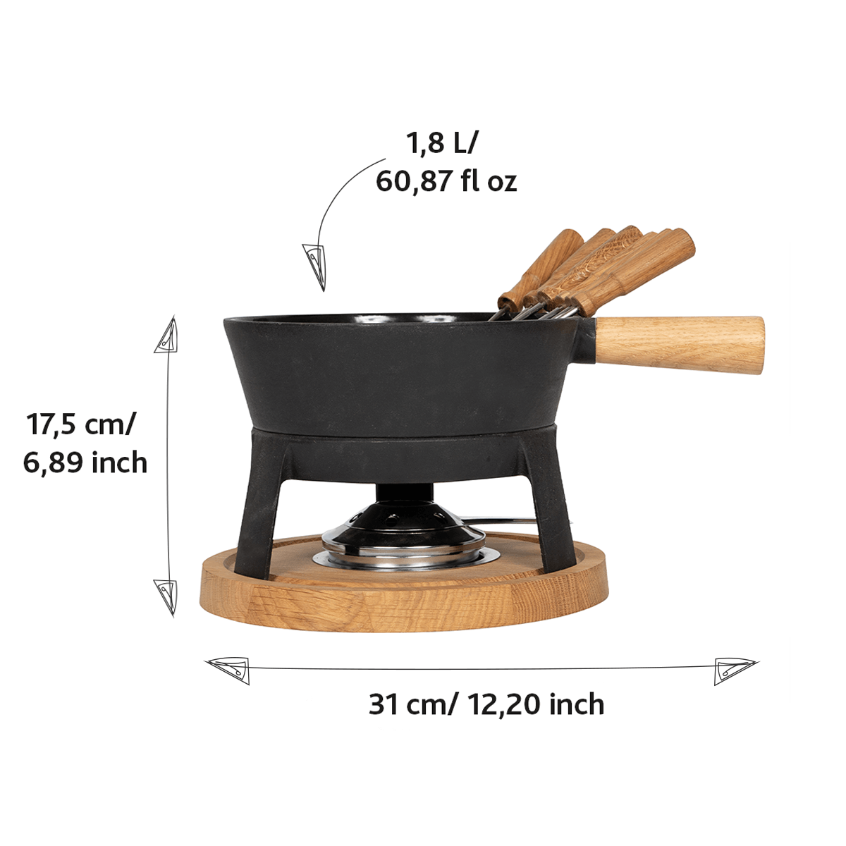 Schwarzes Fondue-Set mit Holzbasis und Gabeln, mit Maßen von 31 cm und 1,8 L.