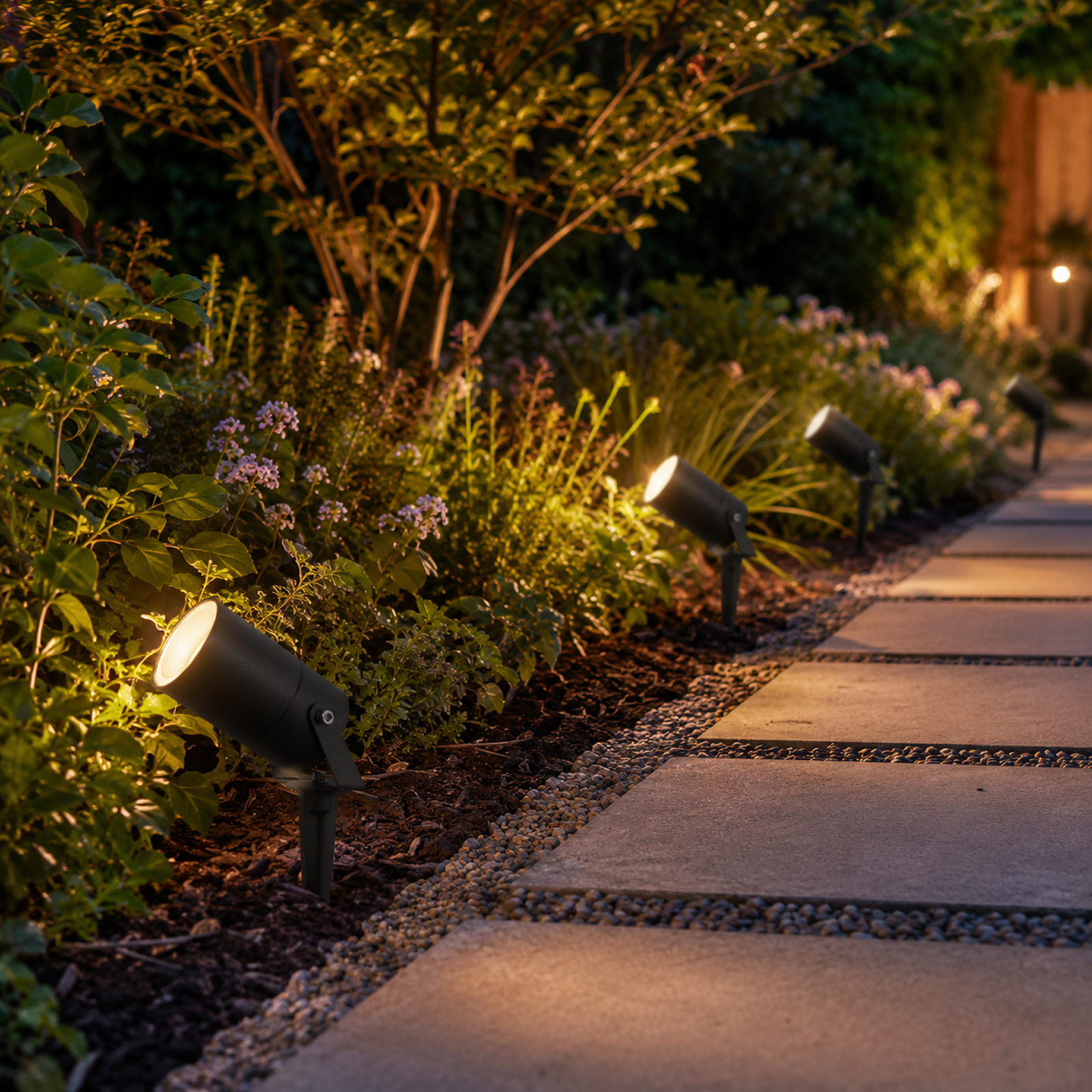 Beleuchtete Gartenwege im Dunkeln mit kleinen Spotlights und Pflanzen.
