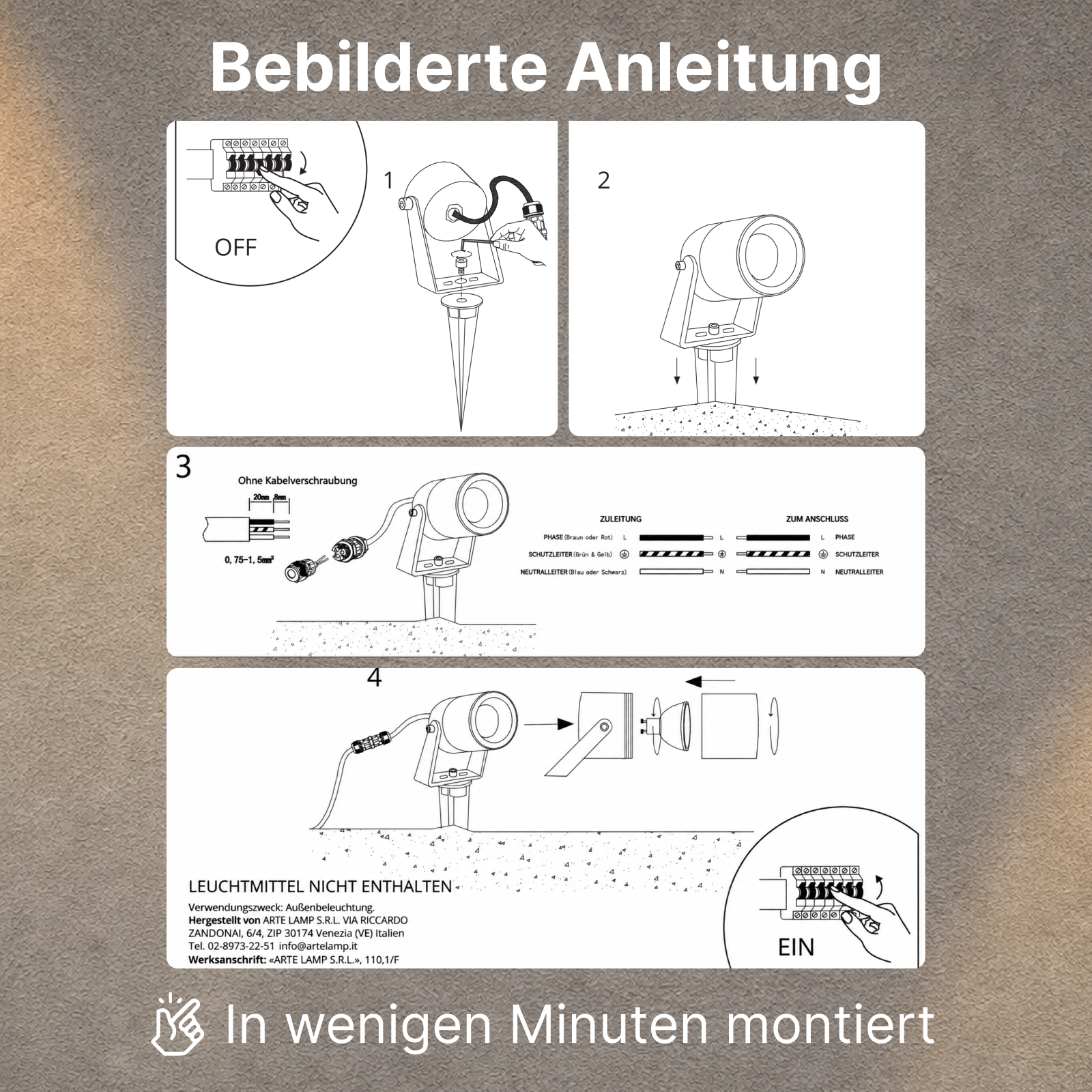 Bebilderte Anleitung zur Montage einer Außenleuchte mit vier Schritten und Anschlussdiagramm.