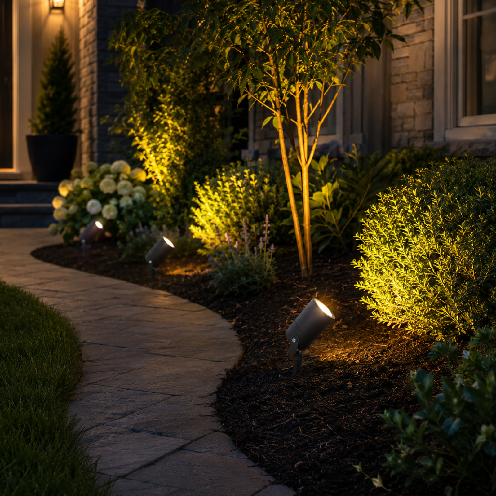 Beleuchteter Gartenweg bei Nacht mit warmen Spots, die Sträucher und Bäume anstrahlen.