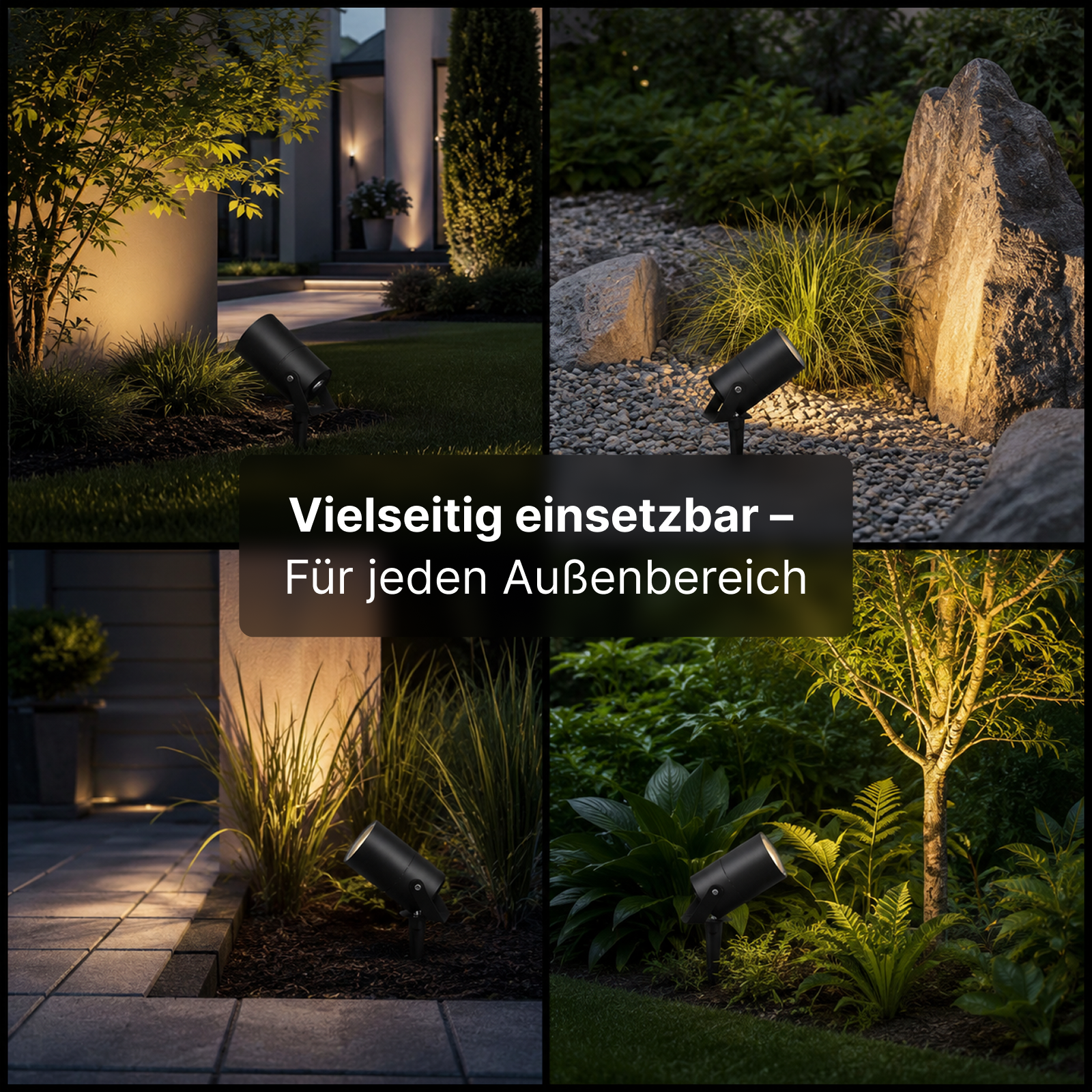 Vier Bilder zeigen schwarze LED-Gartenstrahler, die im Garten Rasen, Sträucher und Steine beleuchten.